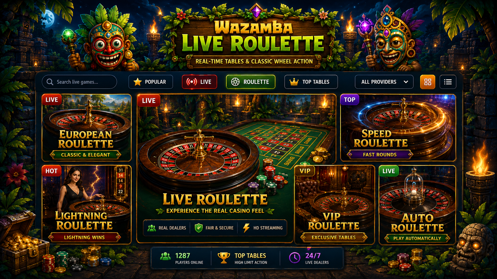Illustration of a live roulette wheel and playing cards representing Wazamba's live casino